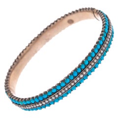 Lovely Antique Silver Bangle with Turquoise and Seed Pearls