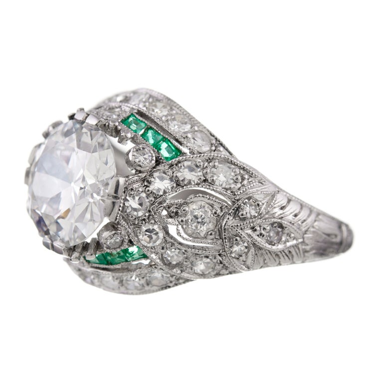Art Deco Old European Cut Diamond Emerald and Platinum Ring