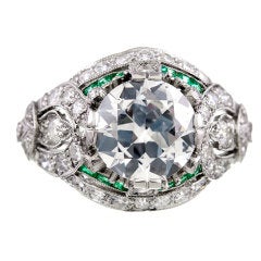 Art Deco Old European Cut Diamond Emerald and Platinum Ring