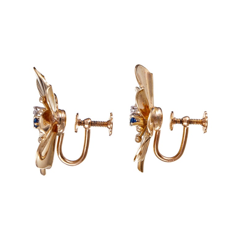 Women's Tiffany & Co. Diamond Sapphire Yellow Gold Flower Earrings/Clips