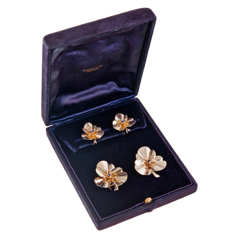 Tiffany & Co. Diamond Sapphire Yellow Gold Flower Earrings/Clips 1