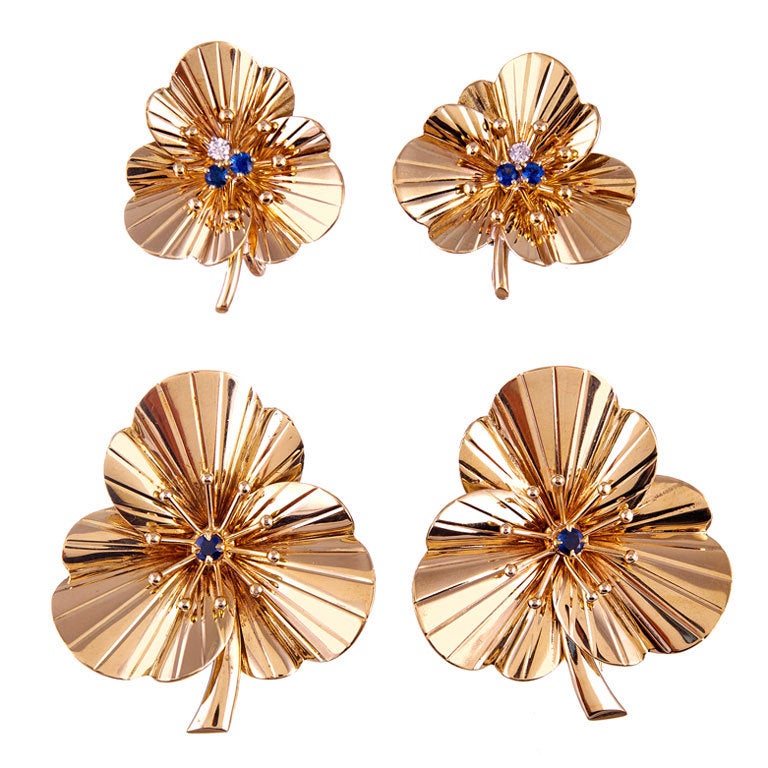 Tiffany & Co. Diamond Sapphire Yellow Gold Flower Earrings/Clips