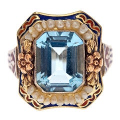 American Aquamarine Seed Pearl and Enamel Antique Ring