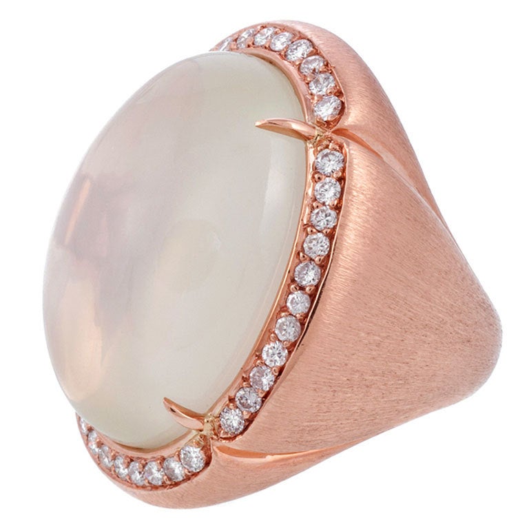 51 Carat Moonstone Diamond Rose Gold Florentine Engraved Ring