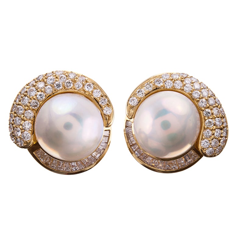 Lustrous Pearl Earrings with Round and Baguette Diamonds