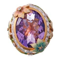 "MASRIERA" Art Nouveau Amethyst Ring with Enamel & Diamonds