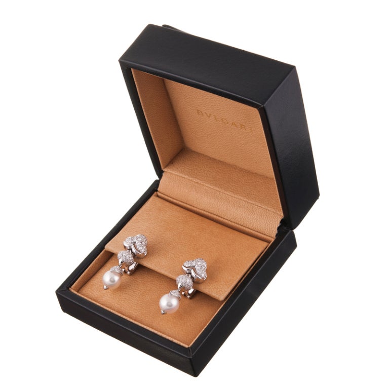 BULGARI Diamond and Pearl Drop Earrings in Original Box at 1stDibs