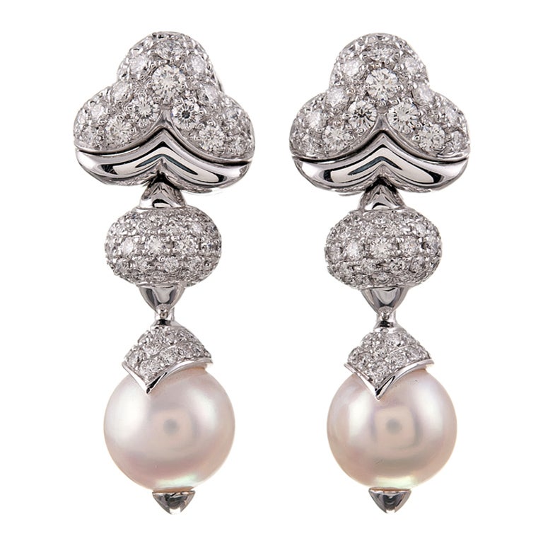 BULGARI Diamond and Pearl Drop Earrings in Original Box