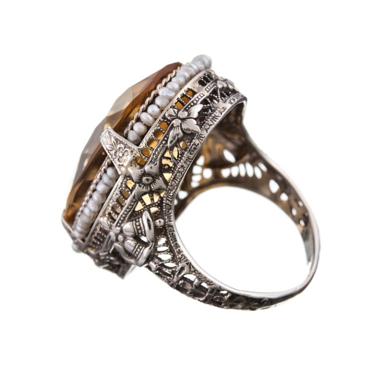 1920s White Gold Filigree Ring with Seed Pearls and Citrine In Excellent Condition In Carmel-by-the-Sea, CA