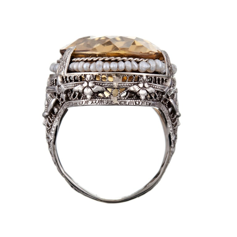 Women's 1920s White Gold Filigree Ring with Seed Pearls and Citrine