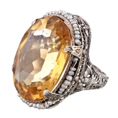 1920s White Gold Filigree Ring with Seed Pearls and Citrine