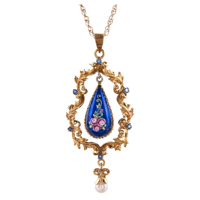 Fine French Enamel, Sapphire and Diamond Pendant Circa 1890