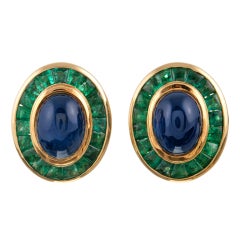 Cabochon Sapphire and Emerald Button Earrings Signed "Giovane"