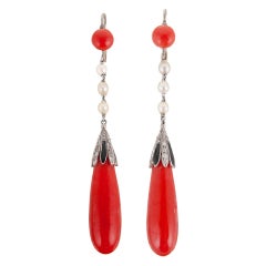 Coral, Pearl, Onyx and Diamond Drop Earrings