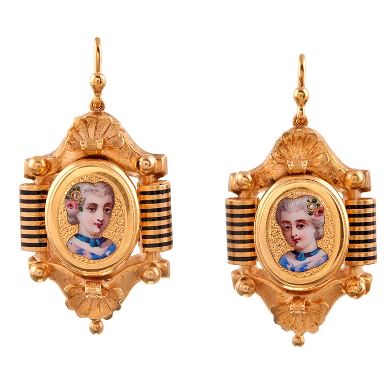 Victorian Enamel Yellow Gold Miniature Portrait Earrings circa 1875 For Sale