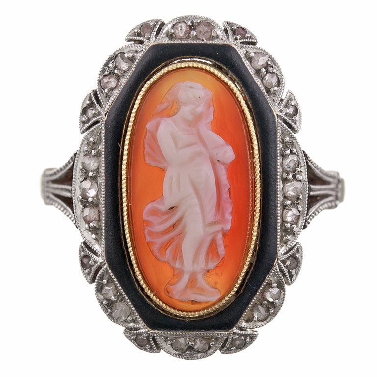Victorian Cameo Ring with Rose Cut Diamond Trim Circa 1890