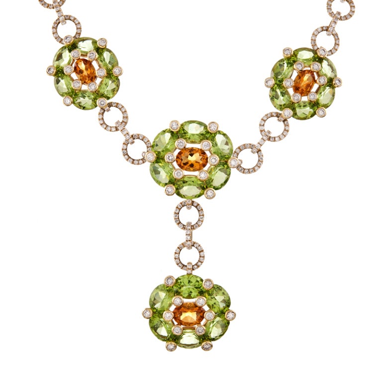 18 Karat Yellow Gold, Peridot, Citrine and Diamond Cluster Style Suite In Excellent Condition In Carmel-by-the-Sea, CA