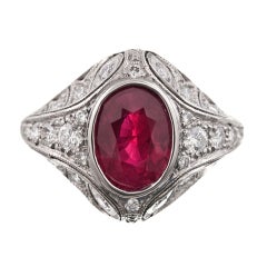Detailed French Platinum Ring with 2.05ct Oval  BURMA Ruby