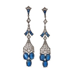 Gorgeous Cabochon Ceylon Sapphire and Diamond Drop Earrings