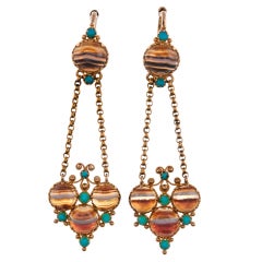 Antique Natural Beauty: Victorian Banded Agate and Turquoise Earrings