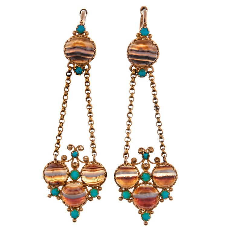 Natural Beauty: Victorian Banded Agate and Turquoise Earrings