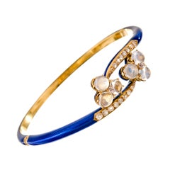 Antique Moonstone and Diamond Blue Enamel Yellow Gold Bracelet