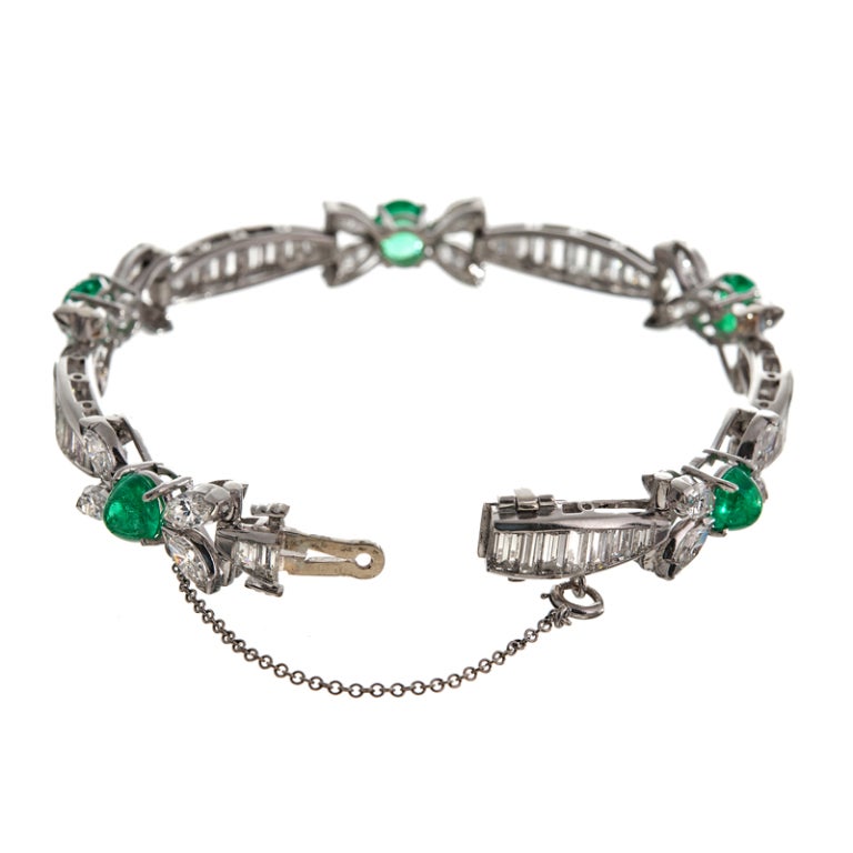 Women's Magnificent 1950s Cabochon Emerald and Diamond Platinum Bracelet