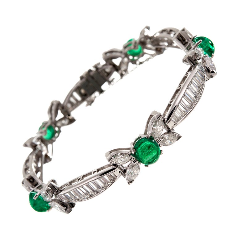 Magnificent 1950s Cabochon Emerald and Diamond Platinum Bracelet