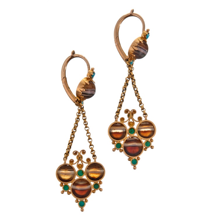 An unusual yet symbiotic combination of banded agate, turquoise and Etruscan revival gold work which has produced a splendid pair of earrings! Soft movement, organic detail and extra fine detail, a lovely pair to add to your wardrobe!