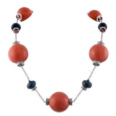 Colossal Coral Bead Sapphire Rondelles and Diamond Necklace