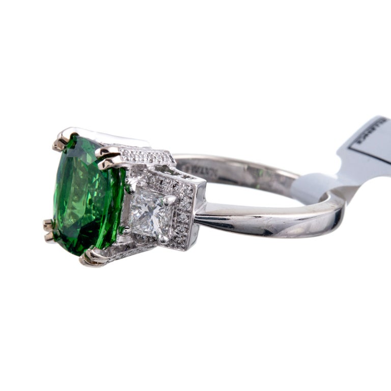 3.82ct Tsavorite Garnet and Trapezoid Diamond Three-Stone Ring