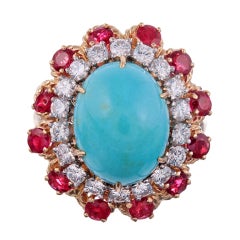 Glorious 1960s Turquoise, Ruby and Diamond Cluster Ring