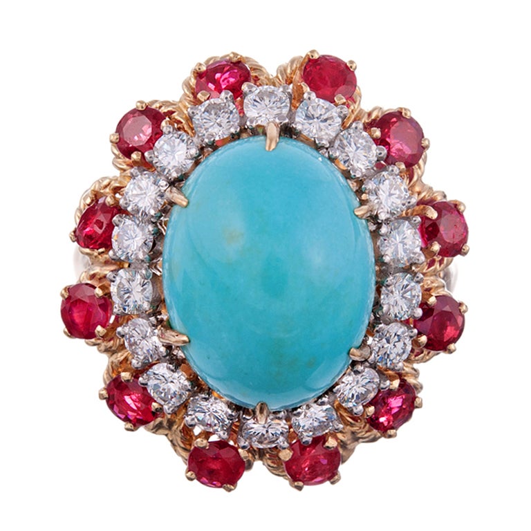 Glorious 1960s Turquoise, Ruby and Diamond Cluster Ring