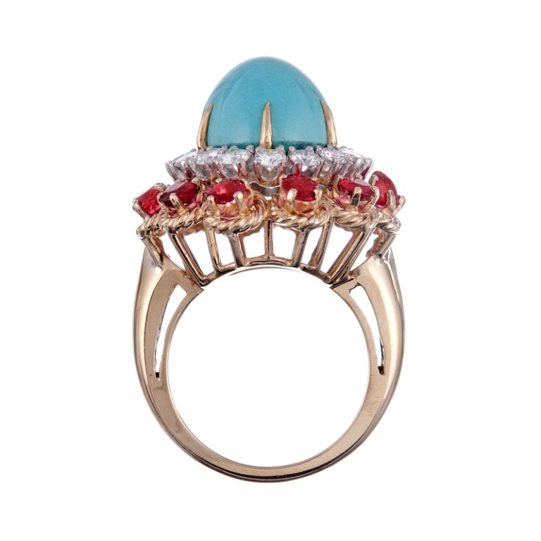 Women's Glorious 1960s Turquoise, Ruby and Diamond Cluster Ring