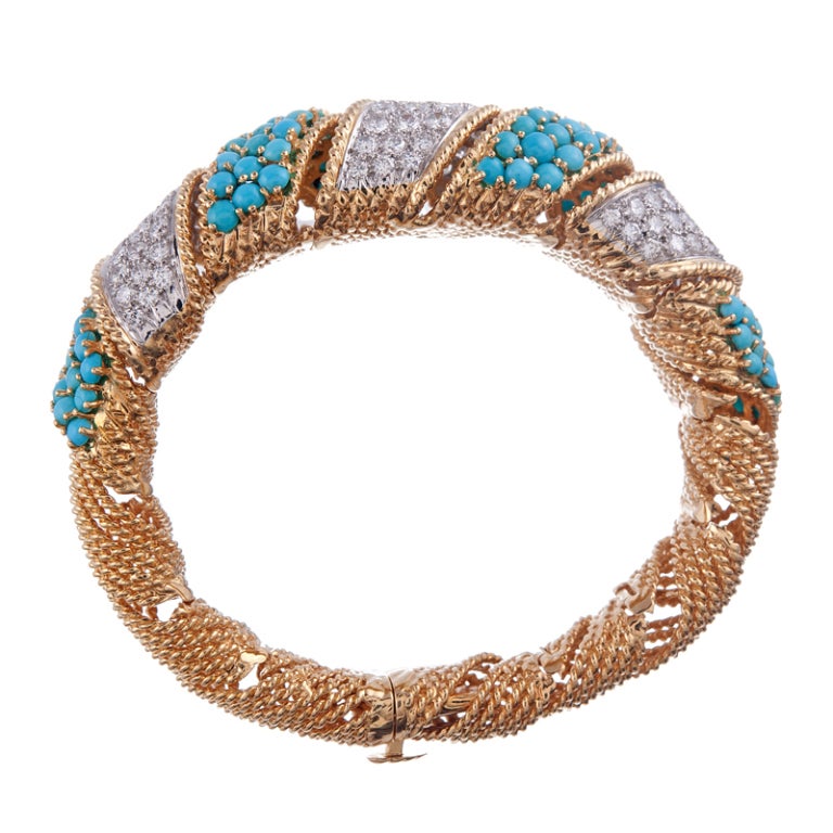 Substantial 1960s Turquoise and Diamond Bangle Bracelet at 1stDibs