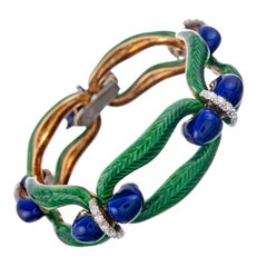 Pristine Kelly Green and Royal Blue Enamel Diamond Link Bracelet