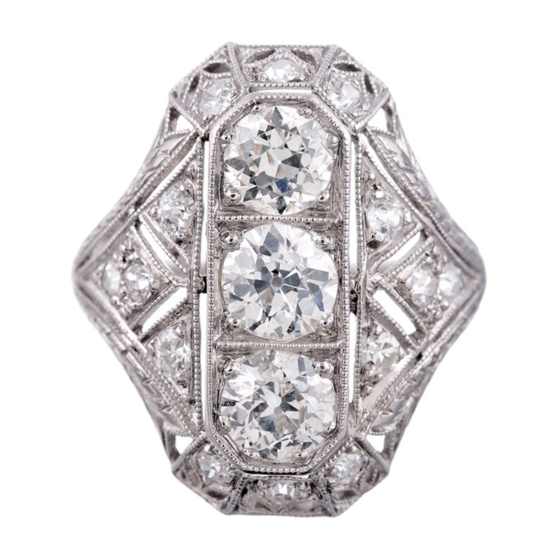 Detailed 1930s Art Deco Old European Cut Diamond Plaque Ring