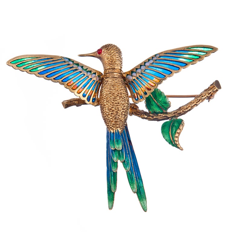 Magnificent Whimsy Plique-a-Jour Enamel Hummingbird Brooch