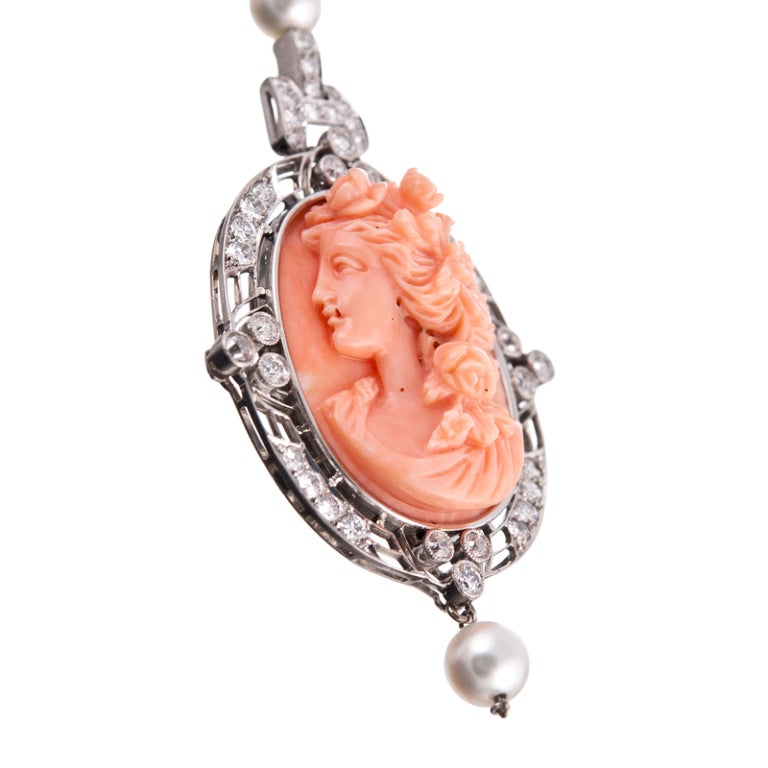 Art Deco Circa 1920s Carved Coral Cameo Pendant in Elaborate Frame