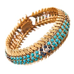 1950s Flexible Turquoise Sapphire Diamond Gold Bracelet 3