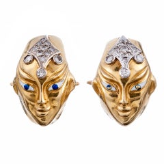 Vintage 1970s Enamel and Diamond Exotic Face Motif Yellow Gold Cufflinks