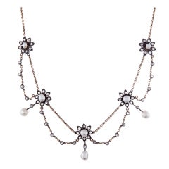 Halskette im viktorianischen Feston-Stil mit Diamanten im Rosenschliff und Perlen