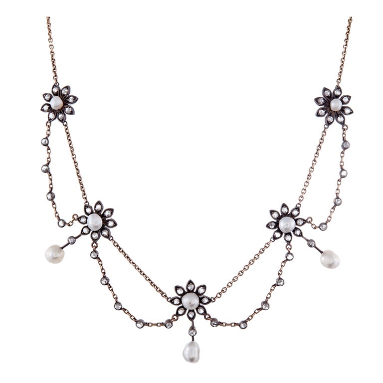 Victorian Rose Cut Diamond and Pearl Festoon Style Necklace