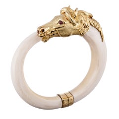 Vintage Super-Chic French Ivory and Yellow Gold Horse Motif Bangle
