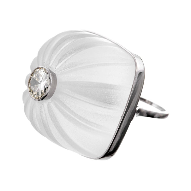 Giant Carved Rock Crystal and Diamond Ring