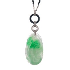Carved Jade Pendant with Diamonds and Onyx on Beaded Chain