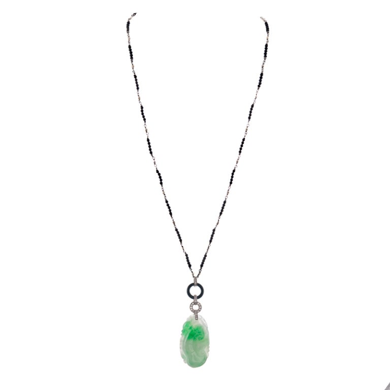 Carved Jade Pendant with Diamonds and Onyx on Beaded Chain