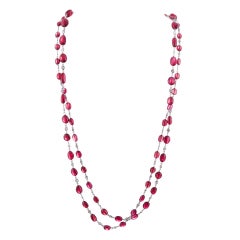 Graduated Ruby Bead and Diamond 48 Inch Platinum Necklace