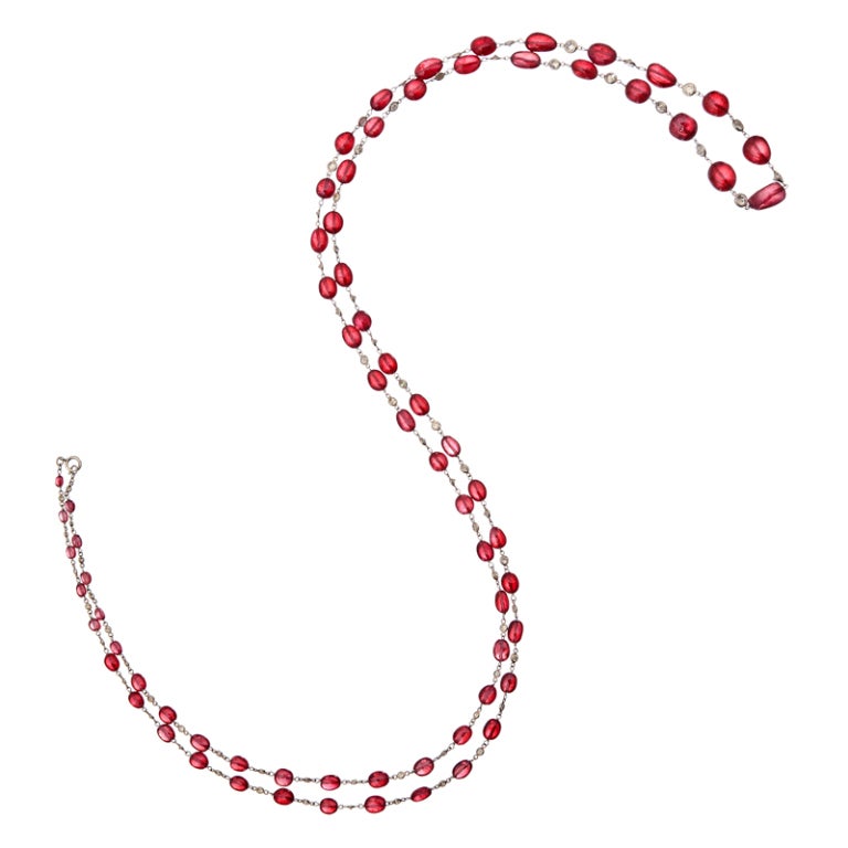 Graduated Ruby Bead and Diamond 48 Inch Platinum Necklace