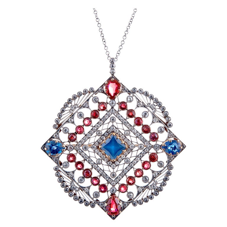 Large Edwardian Ruby Sapphire Diamond Gold Pendant